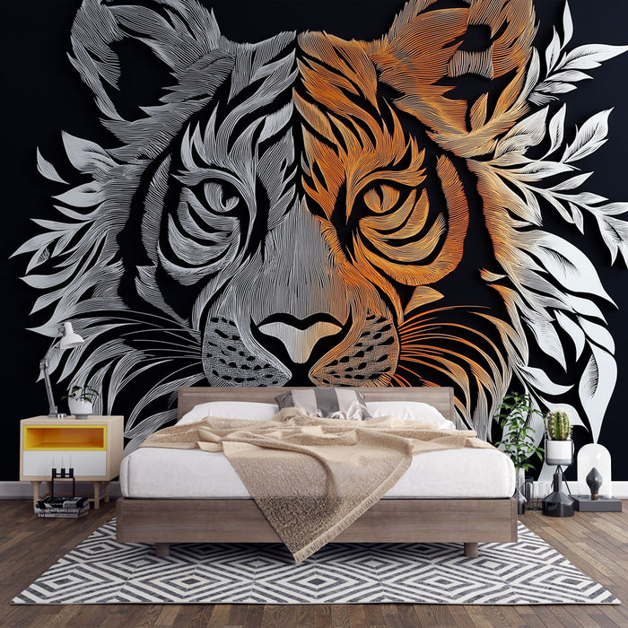 Papier peint artistique avec motif de tigre stylisé en noir et orange pour chambre moderne