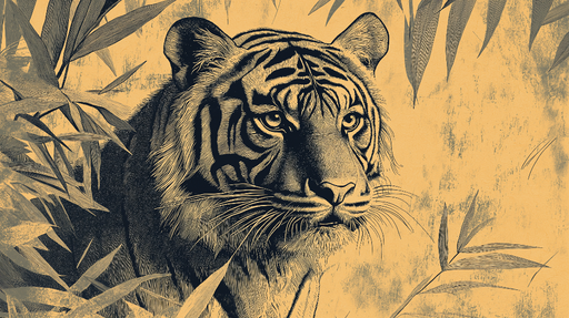 Papier peint tigre Portrait d'un tigre majestueux entouré de feuillage