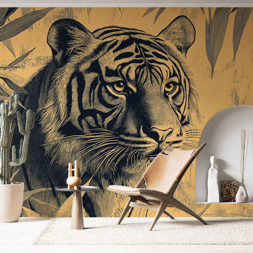 Papier peint tigre majestueux entouré de feuillage pour salon moderne et élégant