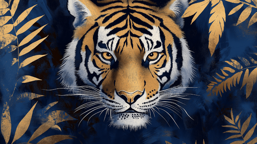 Papier peint tigre Portrait majestueux d'un tigre sur fond sombre avec des feuilles dorées