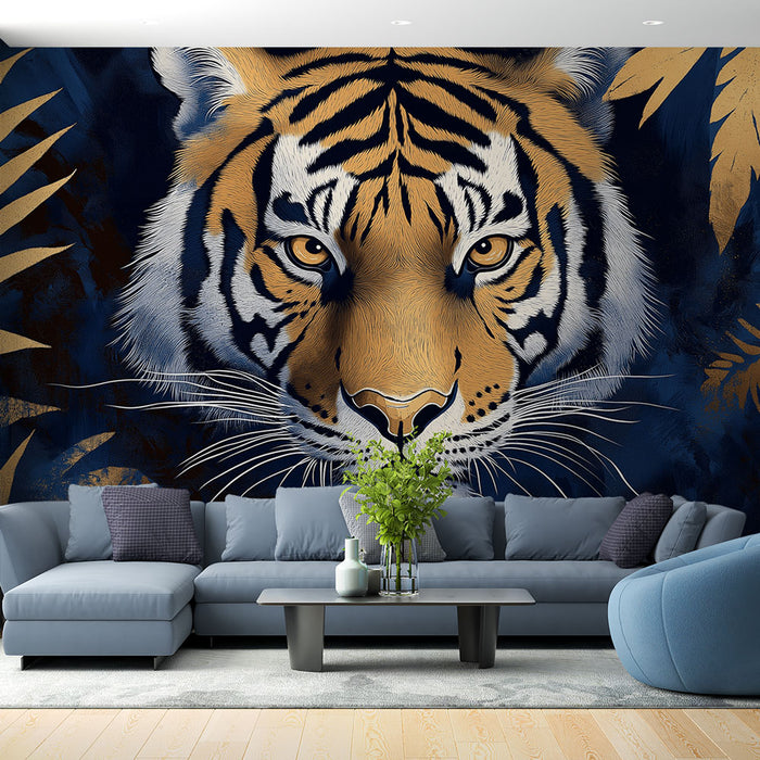 Papier peint tigre majestueux avec feuilles dorées sur fond sombre pour salon moderne