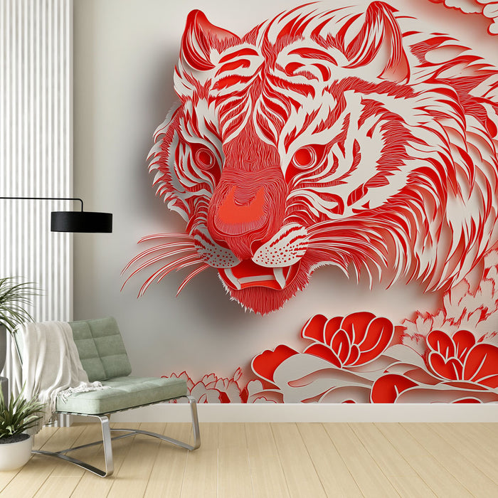 Papier peint tigre rouge | Design artistique d'un tigre stylisé avec des éléments floraux