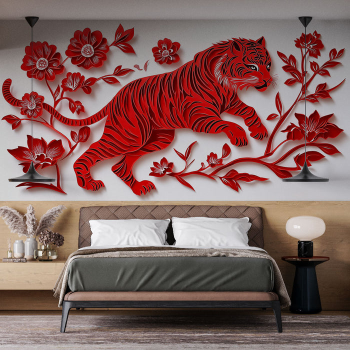 Papier peint rouge avec tigre stylisé et fleurs pour chambre moderne