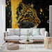 Papier peint tête de tigre dorée sur fond noir pour salon moderne et élégant