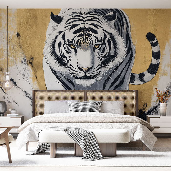 Papier peint tigre blanc majestueux sur fond doré pour chambre moderne et élégante