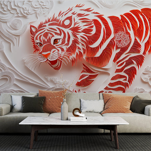 Papier peint tigre rouge avec motifs découpés pour salon moderne et élégant