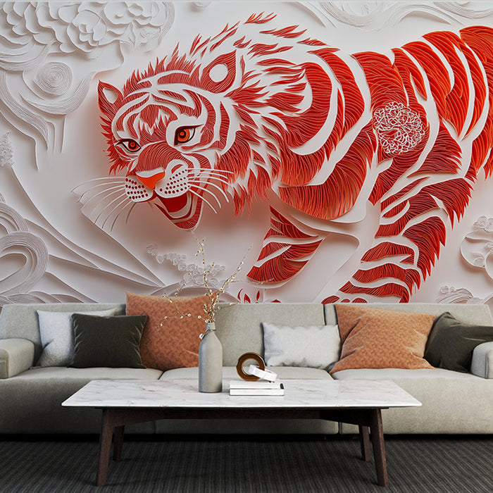 Papier peint tigre rouge avec motifs découpés pour salon moderne et élégant
