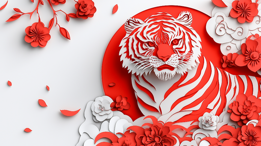 Papier peint tigre Tigre en papier découpé avec fleurs rouges et blanches