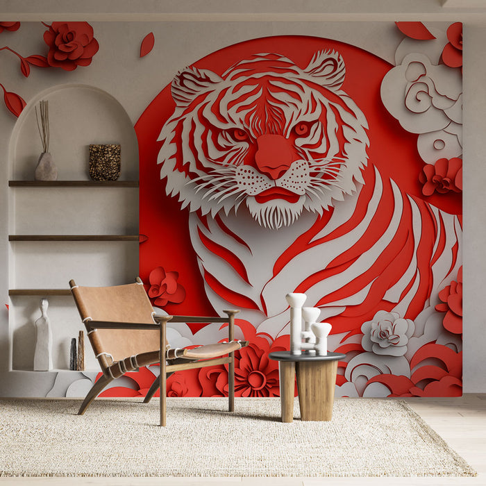 Papier peint tigre rouge et blanc avec fleurs pour salon moderne