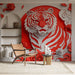 Papier peint tigre rouge et blanc avec fleurs pour salon moderne