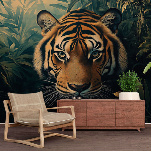 Papier peint jungle verdoyante avec tigre majestueux pour salon moderne