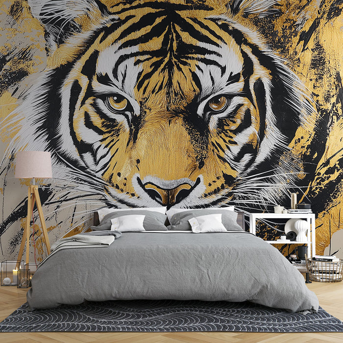 Papier peint tigre majestueux avec accents dorés pour chambre moderne et élégante