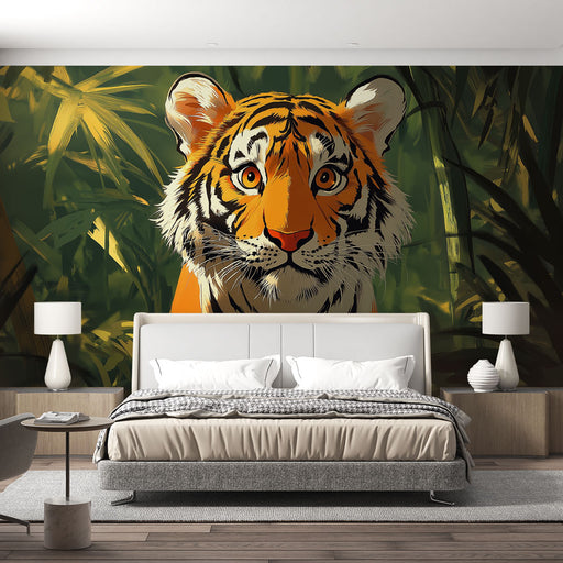Papier peint jungle verdoyante avec tigre majestueux pour chambre moderne