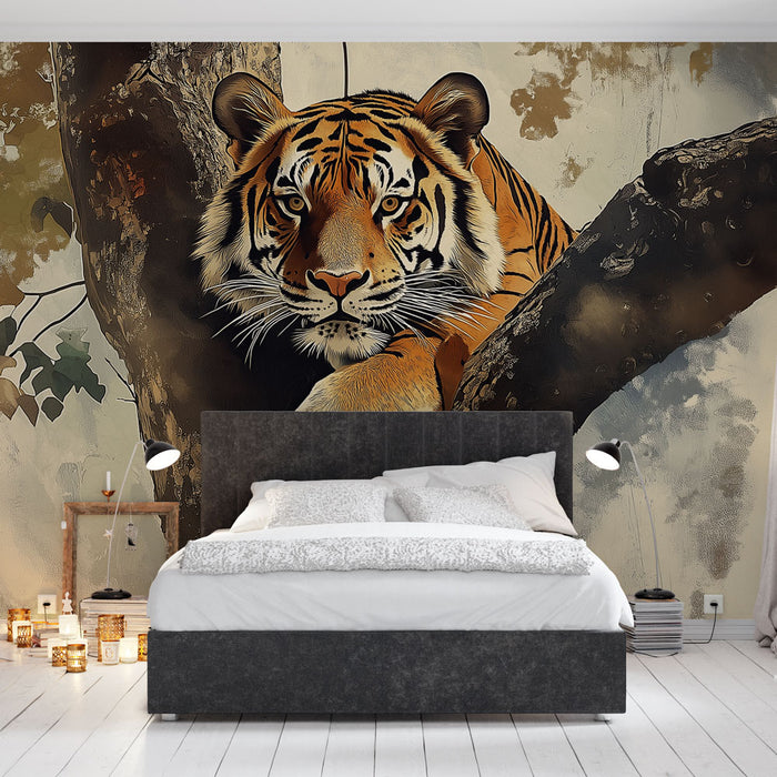 Papier peint tigre majestueux sur branche d'arbre pour chambre adulte élégante