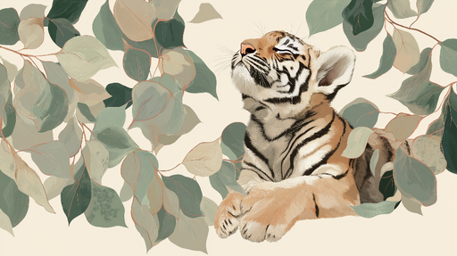 Papier peint tigre Un jeune tigre entouré de feuilles délicates dans des tons doux