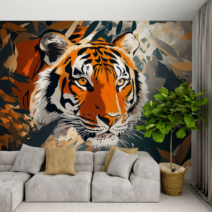Papier peint tigre majestueux avec couleurs éclatantes pour salon moderne et élégant