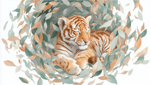 Papier peint tigre Un tigre endormi entouré de feuilles délicates