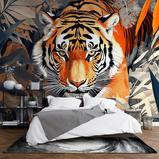 Papier peint jungle tropicale avec tigre majestueux pour chambre moderne