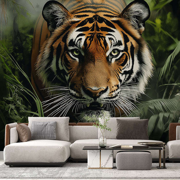 Papier peint jungle verdoyante avec tigre majestueux pour salon moderne