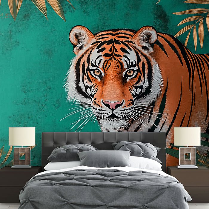 Papier peint tropical avec tigre majestueux et feuillage vert pour chambre moderne