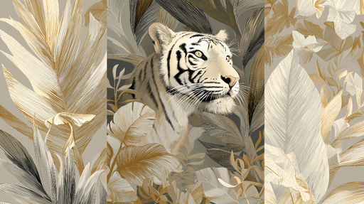 Papier peint tigre Un tigre majestueux entouré de feuillages dorés et naturels