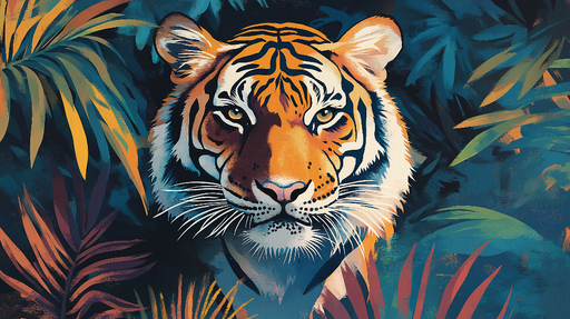 Papier peint tigre Visage de tigre majestueux entouré de feuillage tropical