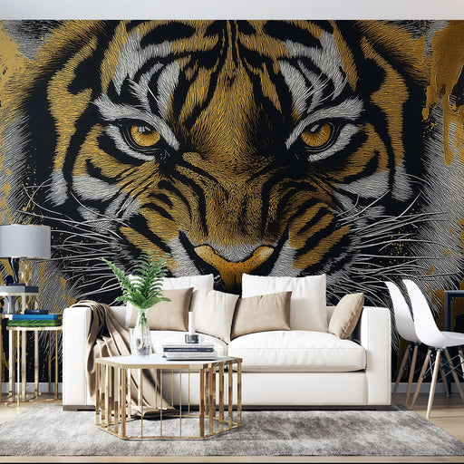 Papier peint tigre majestueux avec visage détaillé et couleurs éclatantes pour salon moderne