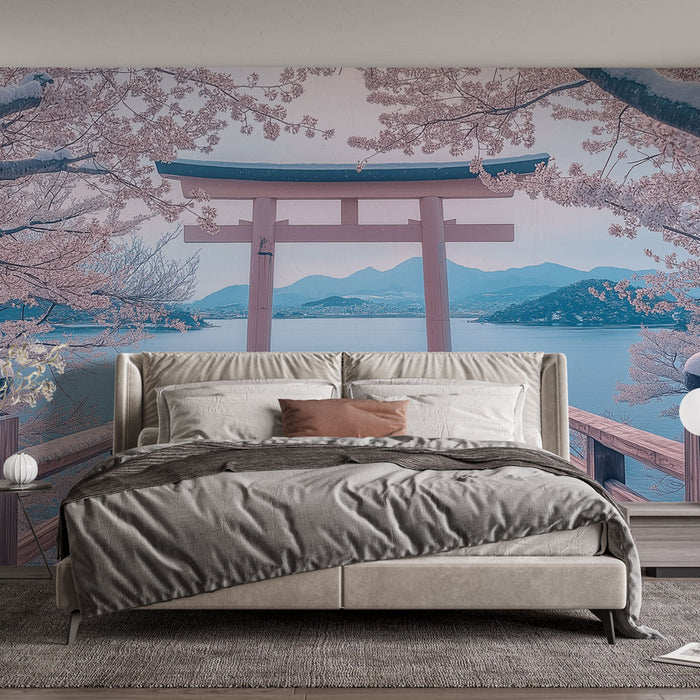 Papier peint torii | Pont en bois sous les cerisiers en fleurs