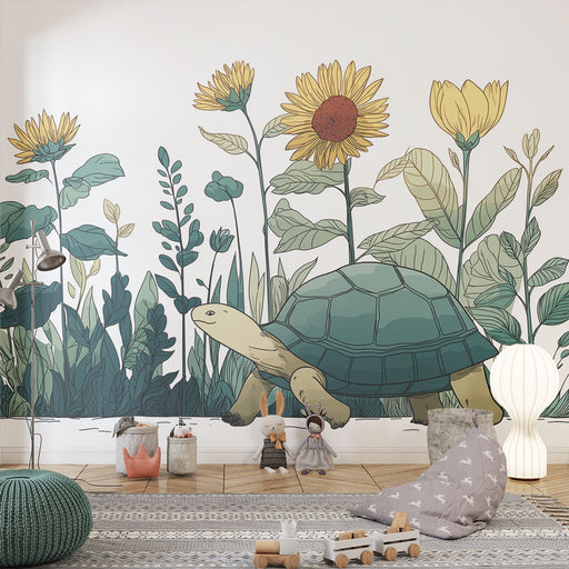 Une chambre enfantine avec un papier peint illustré représentant une tortue et des fleurs colorées, créant une ambiance ludique et accueillante.