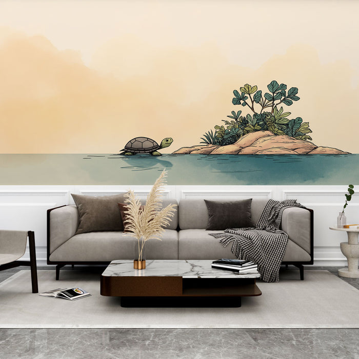 Un salon moderne avec un papier peint illustratif représentant une tortue nageant vers une île verdoyante sur fond pastel apaisant.