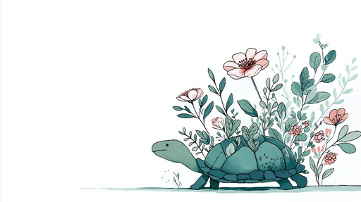 Papier peint tortue florale Une tortue délicate entourée de fleurs et de feuillages pastel