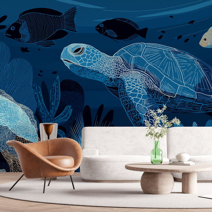 Un salon moderne avec un papier peint marin représentant une tortue et des poissons stylisés sur fond bleu profond, créant une ambiance apaisante et immersive.