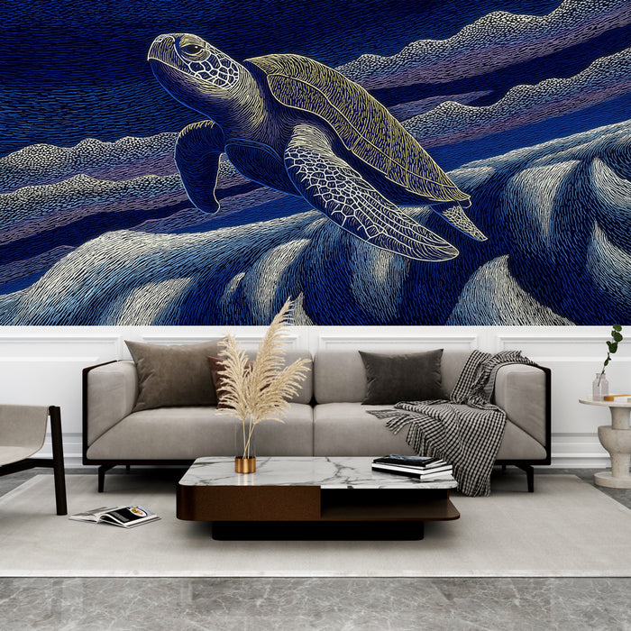 Un salon moderne avec un papier peint représentant une tortue marine stylisée sur fond bleu nuit, créant une ambiance apaisante et marine.