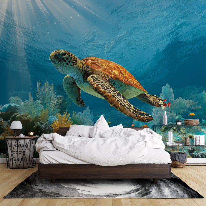 Une chambre moderne avec un papier peint aquatique représentant une tortue nageant dans un océan turquoise, créant une atmosphère apaisante et immersive.
