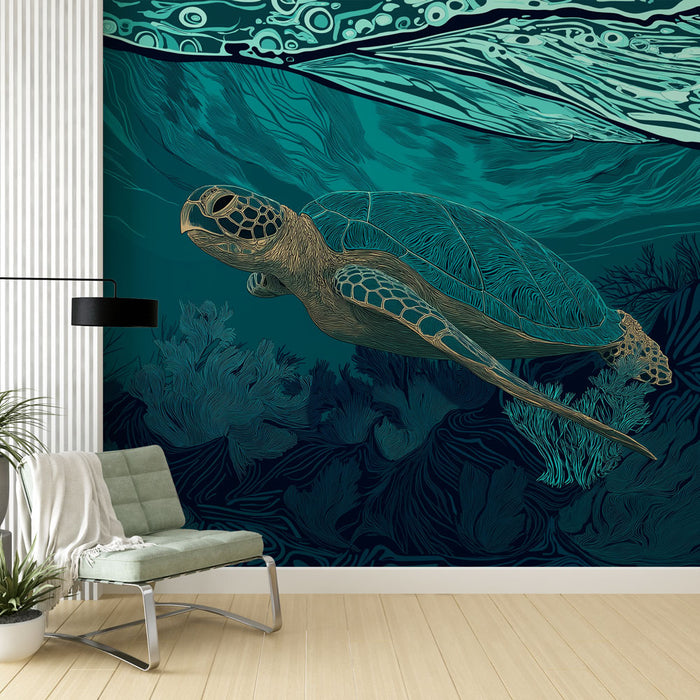 Une salle de séjour moderne avec un papier peint représentant une tortue marine stylisée dans des teintes de bleu et de vert, évoquant une ambiance apaisante et marine.