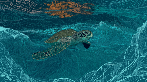 Papier peint tortue marine Illustration stylisée d'une tortue nageant dans des vagues turquoise