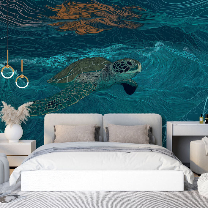 Une chambre moderne avec un papier peint illustrant une tortue nageant dans des vagues turquoise, créant une ambiance apaisante et marine.