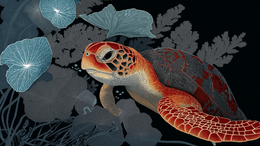 Papier peint tortue marine Tortue colorée entourée de motifs aquatiques stylisés