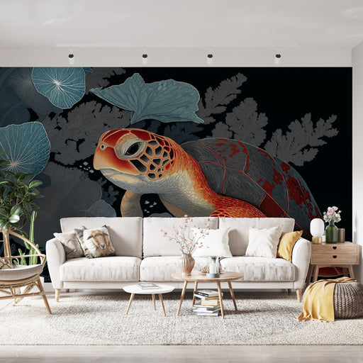 Un salon moderne avec un papier peint représentant une tortue colorée sur fond noir, entourée de feuilles stylisées, créant une ambiance artistique et marine.