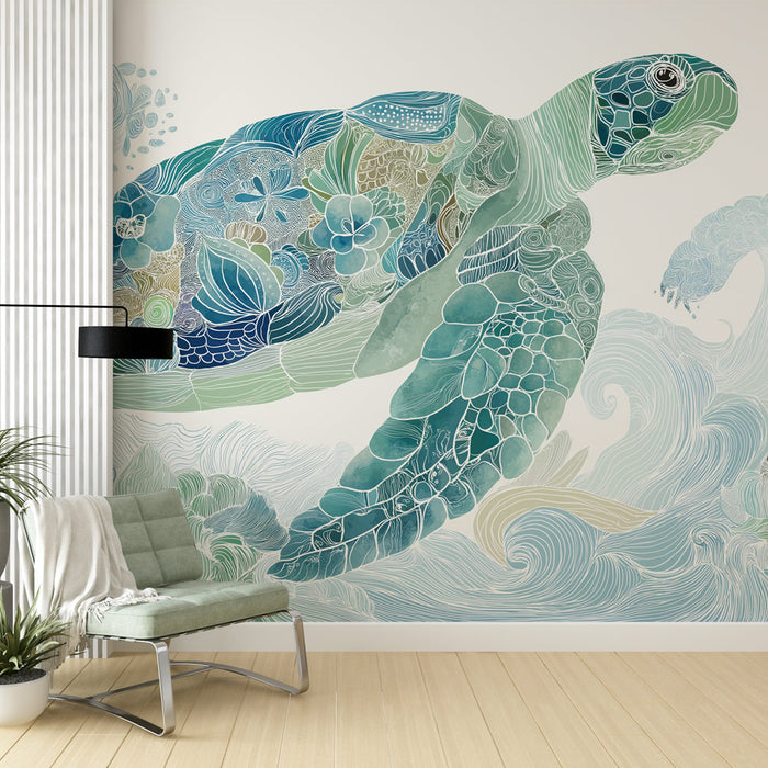 Une pièce lumineuse avec un papier peint illustrant une tortue stylisée aux teintes vertes et bleues, évoquant une ambiance marine apaisante et artistique.