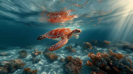 Papier peint tortue marine Tortue nageant dans des eaux cristallines et coraux colorés