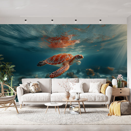 Un salon lumineux avec un papier peint représentant une tortue marine évoluant dans des eaux turquoise, créant une ambiance apaisante et marine.