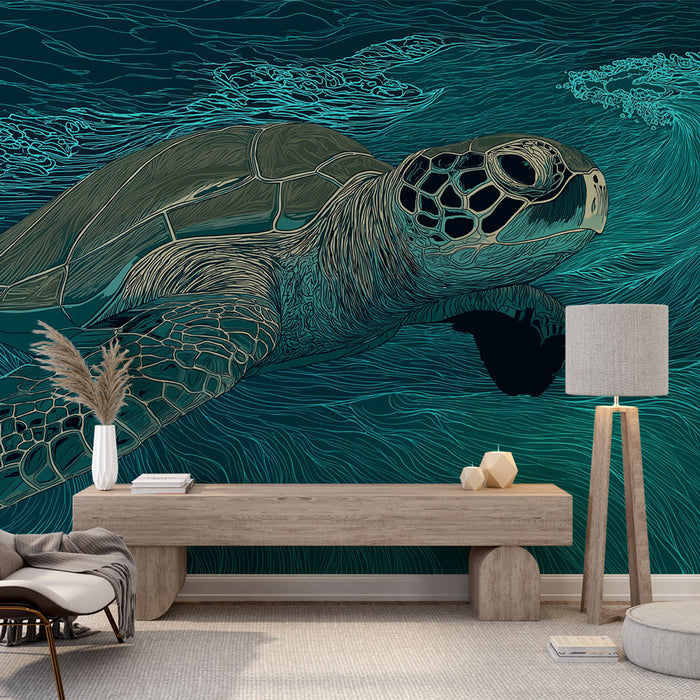 Une pièce moderne avec un papier peint représentant une tortue marine stylisée sur fond aquatique bleu et turquoise, créant une ambiance apaisante et marine.