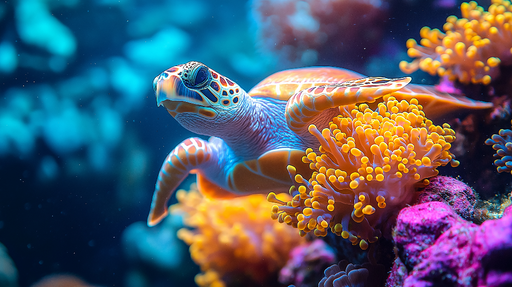 Papier peint tortue marine Tortue nageant parmi des coraux colorés