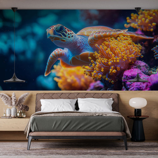 Papier peint tortue marine avec tortue nageant parmi des coraux colorés pour décoration de chambre moderne