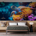 Papier peint tortue marine avec tortue nageant parmi des coraux colorés pour décoration de chambre moderne