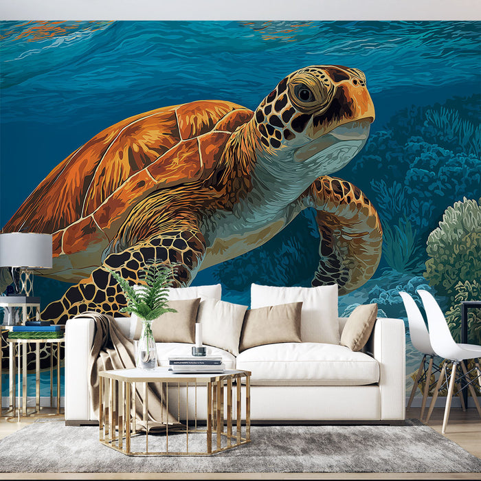 Un salon moderne avec un papier peint représentant une tortue marine colorée évoluant dans un décor aquatique, créant une atmosphère apaisante et marine.