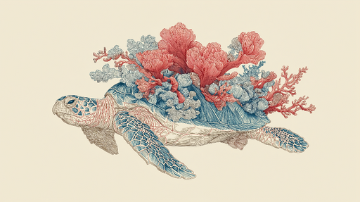 Papier peint tortue marine Une tortue ornée de coraux colorés