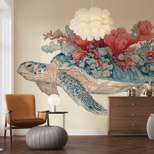 Une chambre moderne avec un papier peint illustrant une tortue marine ornée de coraux colorés, créant une ambiance artistique et marine.