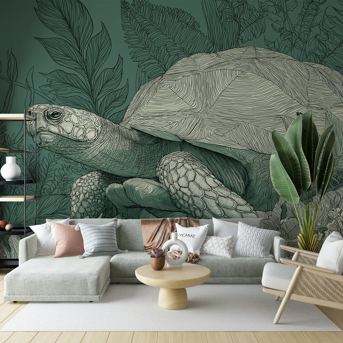 Un salon moderne avec un papier peint illustrant une tortue stylisée sur fond vert, entourée de motifs de feuillage, créant une ambiance naturelle et apaisante.